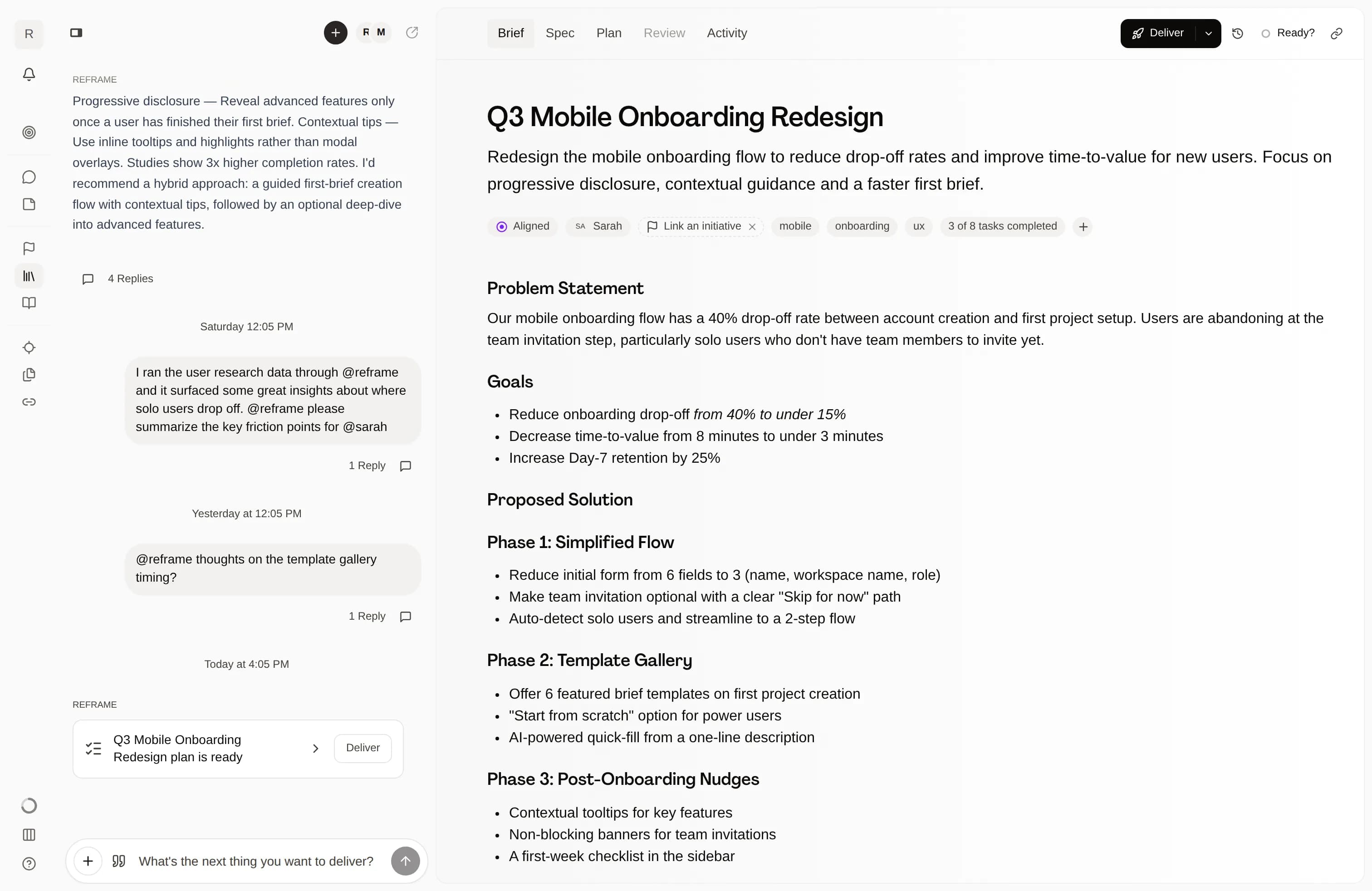 Reframe brief editor with AI-powered conversation