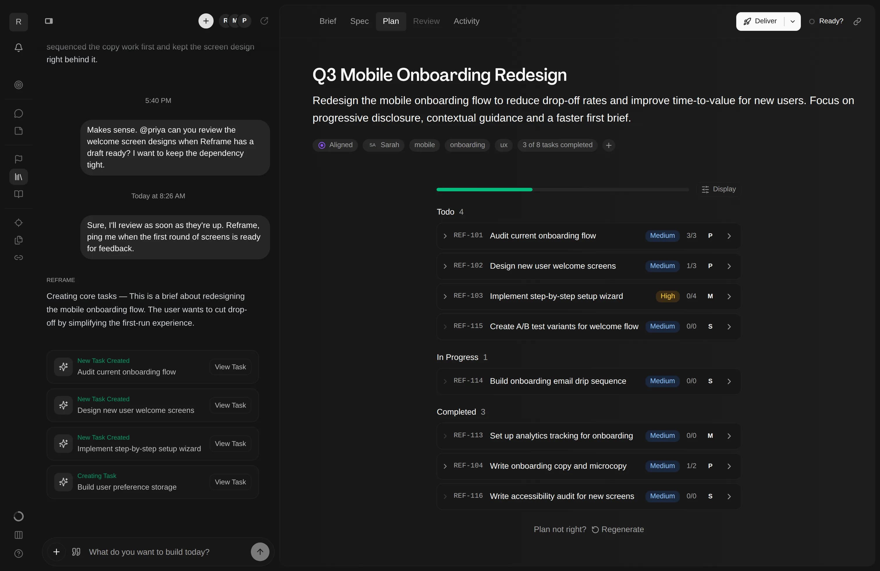 Reframe plan view with tasks and collaboration