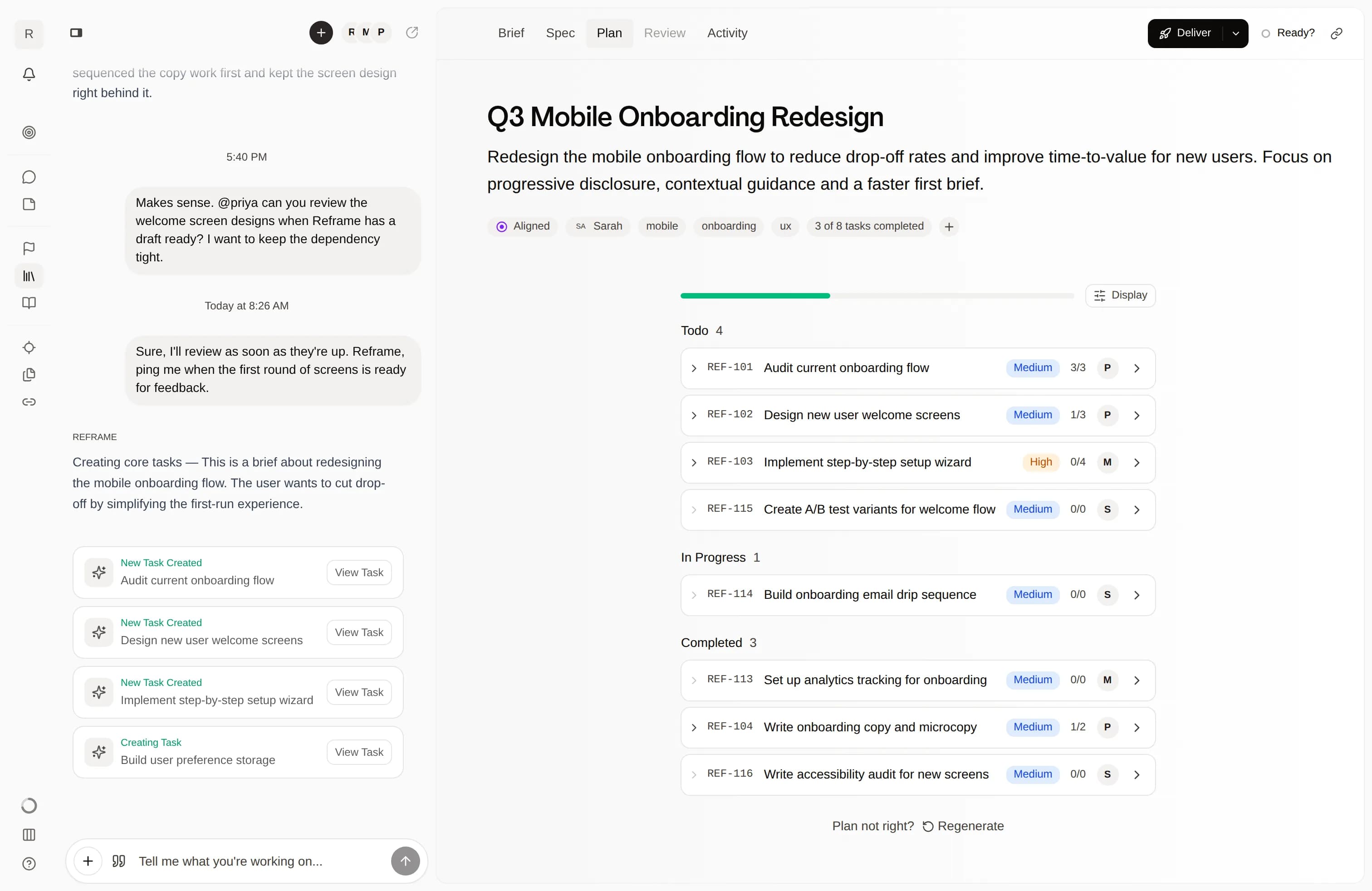 Reframe plan view with tasks and collaboration